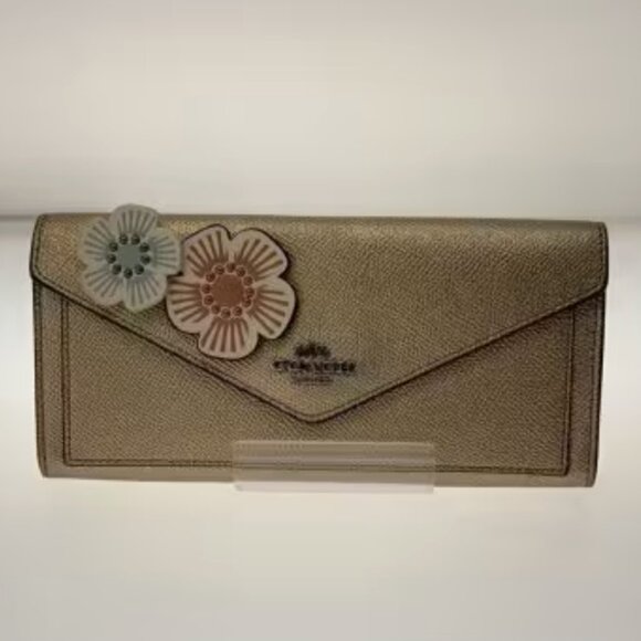 Coach Platinum Metallic Soft Leather Wallet with Crystal Tea Rose details